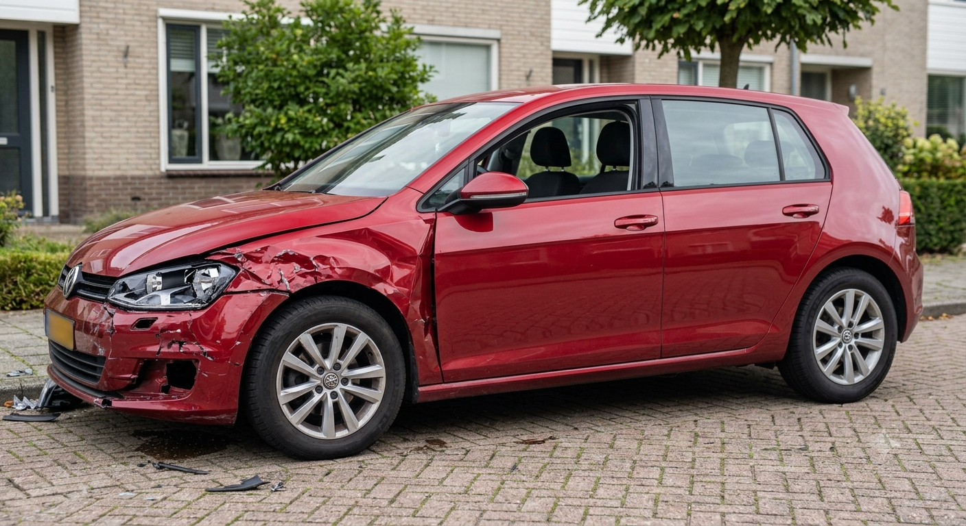 Rode auto met bumperschade voor herstel bij Garage van Vroenhoven in Haghorst