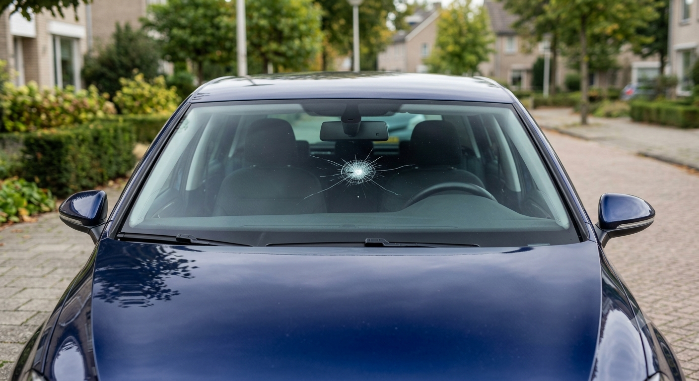 Blauwe auto met ruitschade voor herstel bij Garage van Vroenhoven in Haghorst